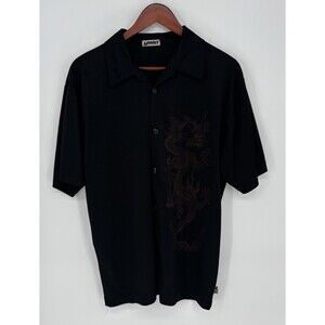 Men’s YMLA Black Dragon Button Up Shirt Large Short Sleeve Graphic Y2K Inspired